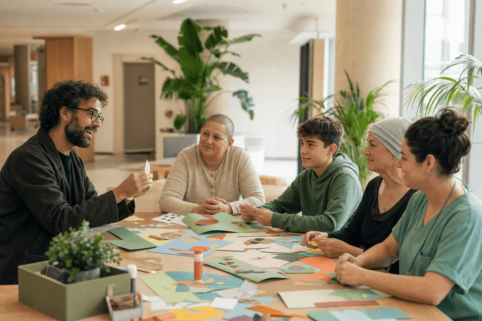 Artista batek kolorezko paper-mozketak erakusten dizkie pazienteen talde bati, nerabe bati eta erizain bati, eskulan-materialez betetako mahai baten inguruan.